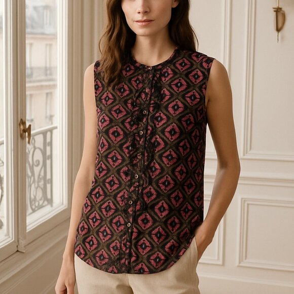 Tory Burch Black & Pink Geometric Floral Sleeveless  Top 4 - Picture 1 of 8